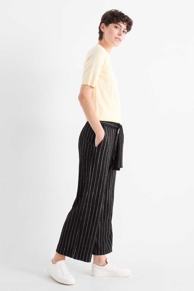 Women - Jersey trousers - mid-rise waist - wide leg - striped - textures - black