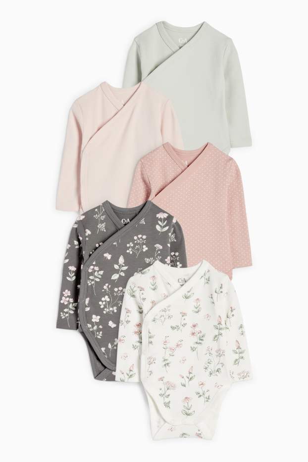 Baby Mädchen - Multipack 5er - Blümchen - Baby-Wickelbody - rosa