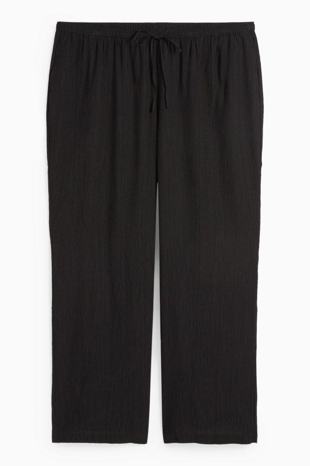 Donna - Pantaloni di stoffa - vita alta - gamba ampia - tessuto tramato - nero