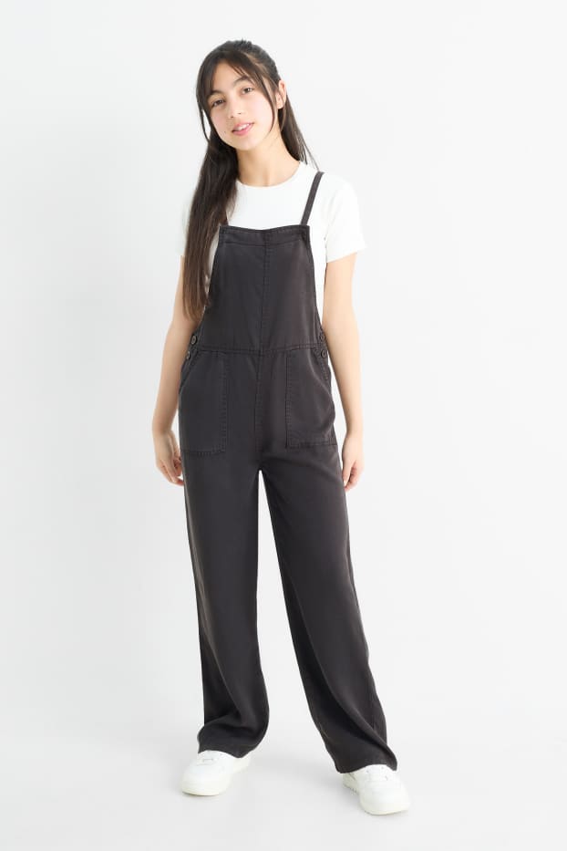 Enfants filles - Ensemble - T-shirt et robe-salopette - 2 pièces - blanc / noir