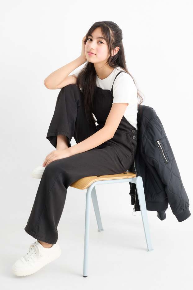 Enfants filles - Ensemble - T-shirt et robe-salopette - 2 pièces - blanc / noir