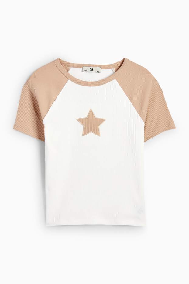 Copii - Fete - Stea - tricou cu mânecă scurtă - reiat - alb-crem