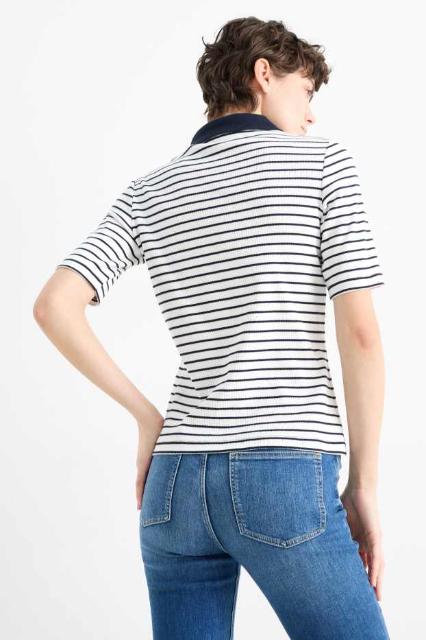 Femei - Tricou polo - reiat - cu dungi - albastru închis / alb