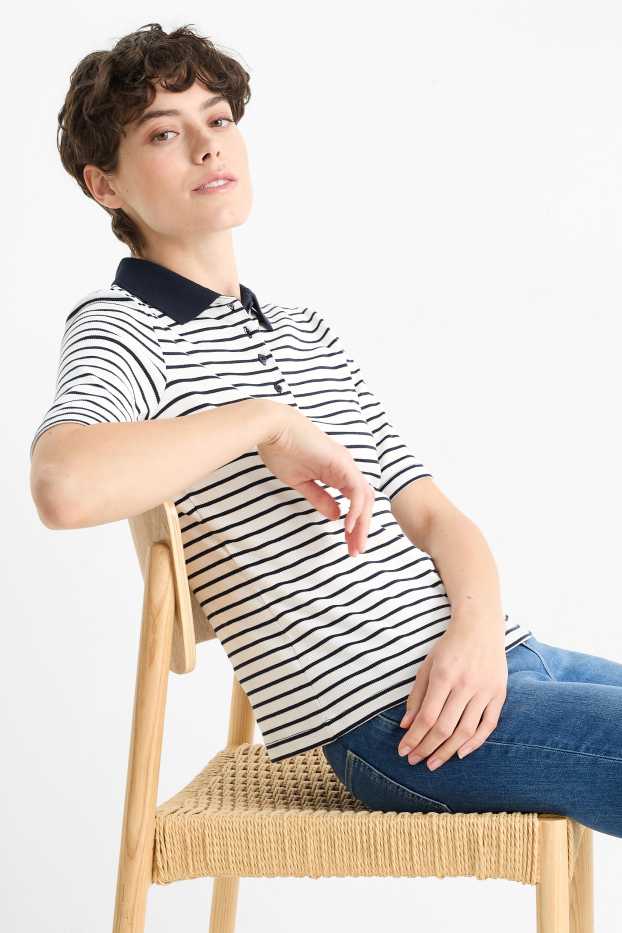 Femei - Tricou polo - reiat - cu dungi - albastru închis / alb