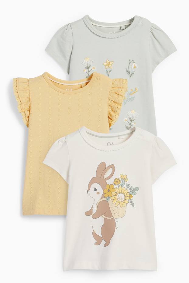 Baby Girls - Multipack of 3 - flowers and bunny rabbit - baby short sleeve T-shirt - mint green