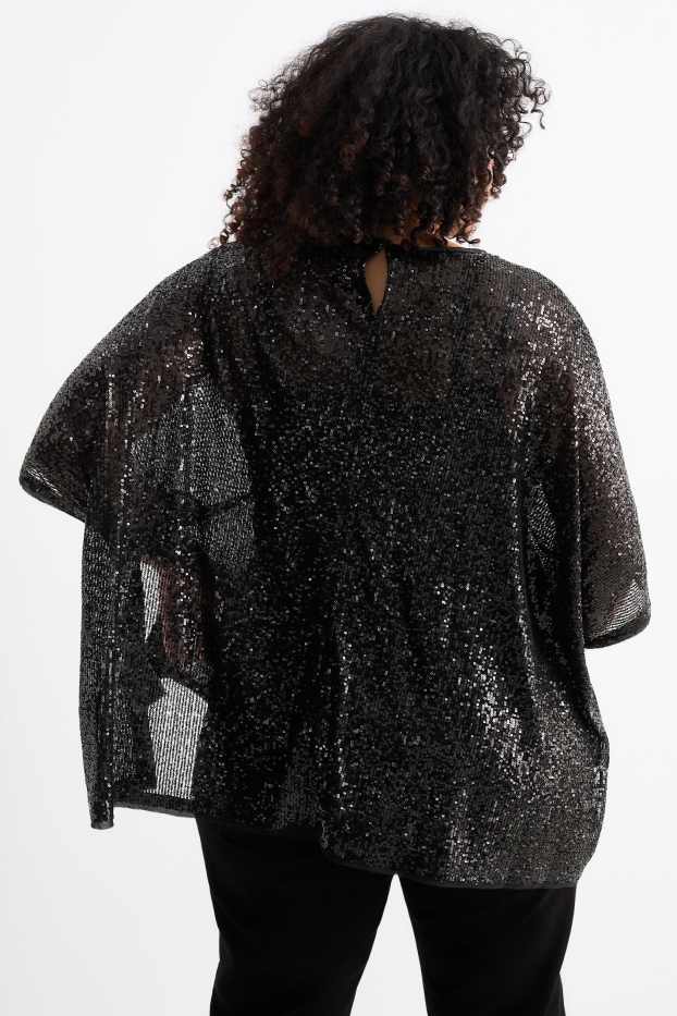 Damen - Pailletten-Cape mit Gürtel - glänzend - schwarz