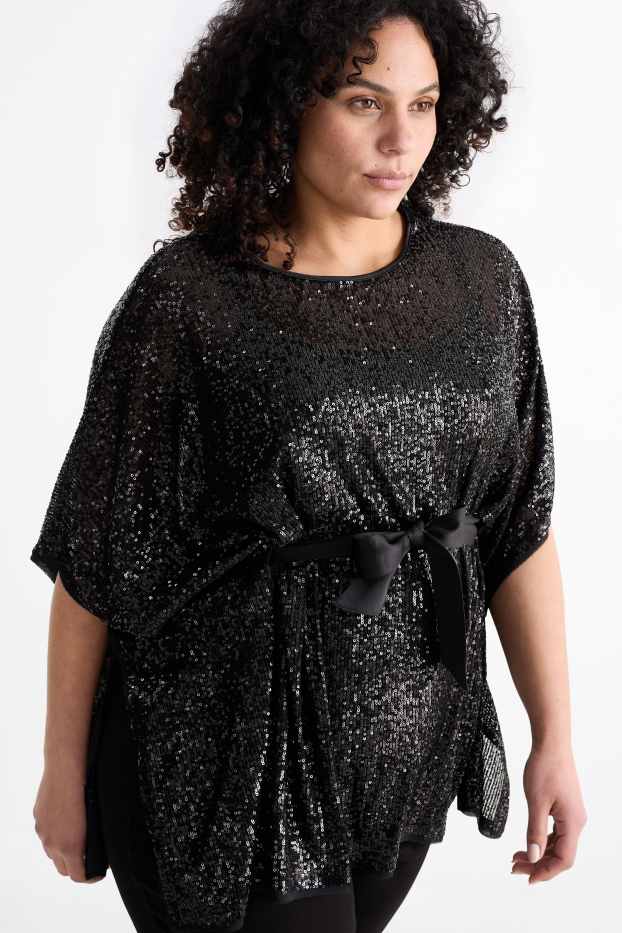 Damen - Pailletten-Cape mit Gürtel - glänzend - schwarz
