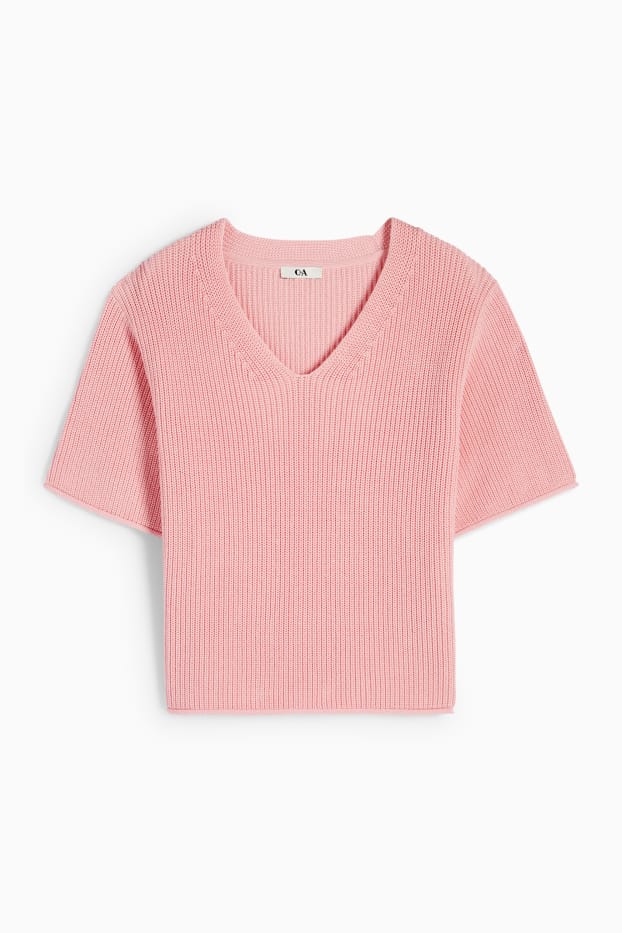 Damen - Strickpullover mit V-Ausschnitt - kurzarm - pink