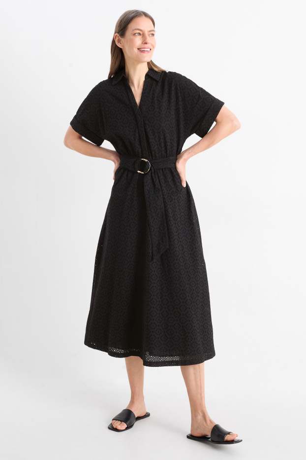 Femmes - Robe-chemise à ceinture - broderie anglaise - noir