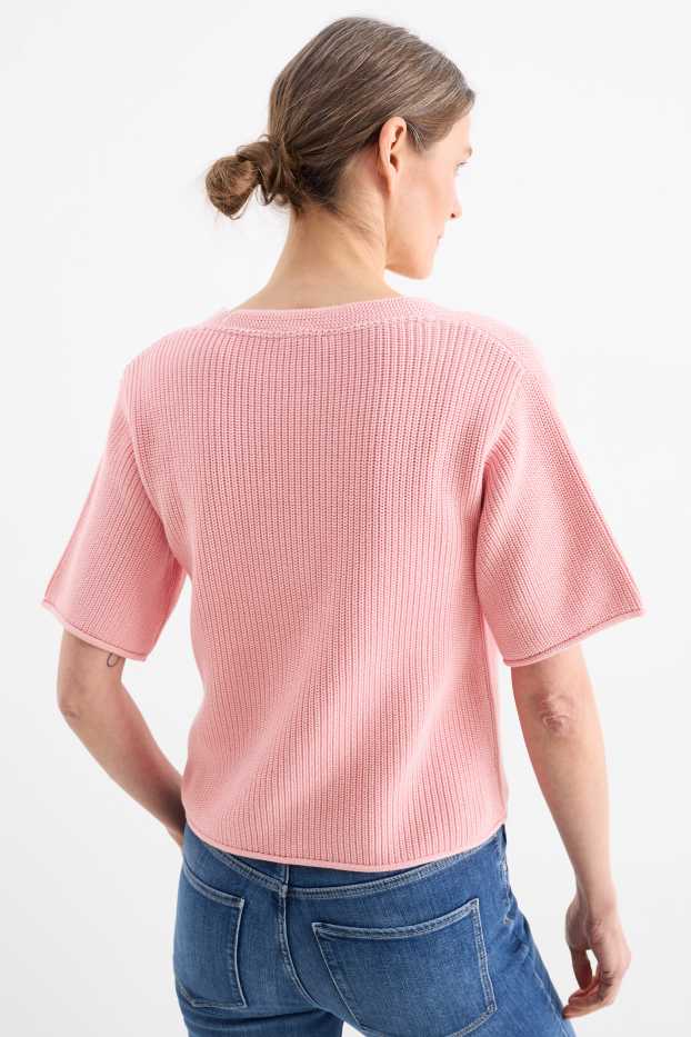 Damen - Strickpullover mit V-Ausschnitt - kurzarm - pink