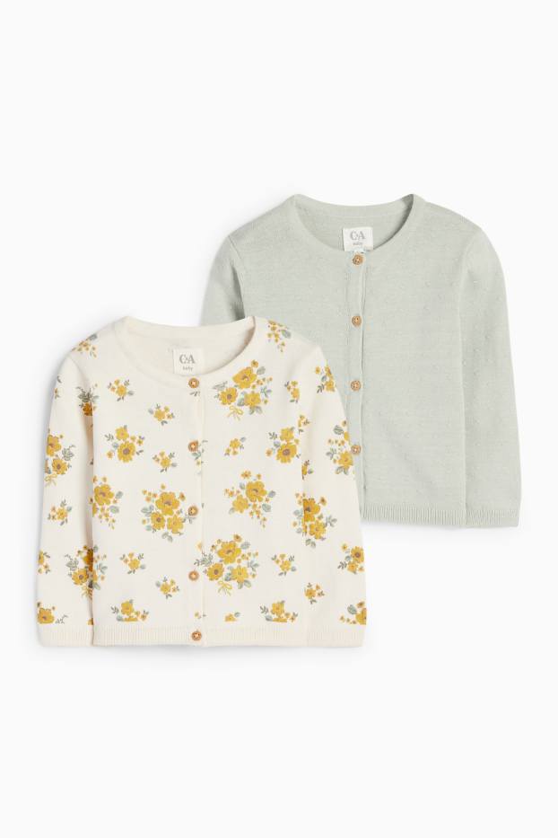 Miminka - dívky - Multipack 2 ks - květinové motivy a puntíky - pletený kardigan pro miminka - mátově zelená