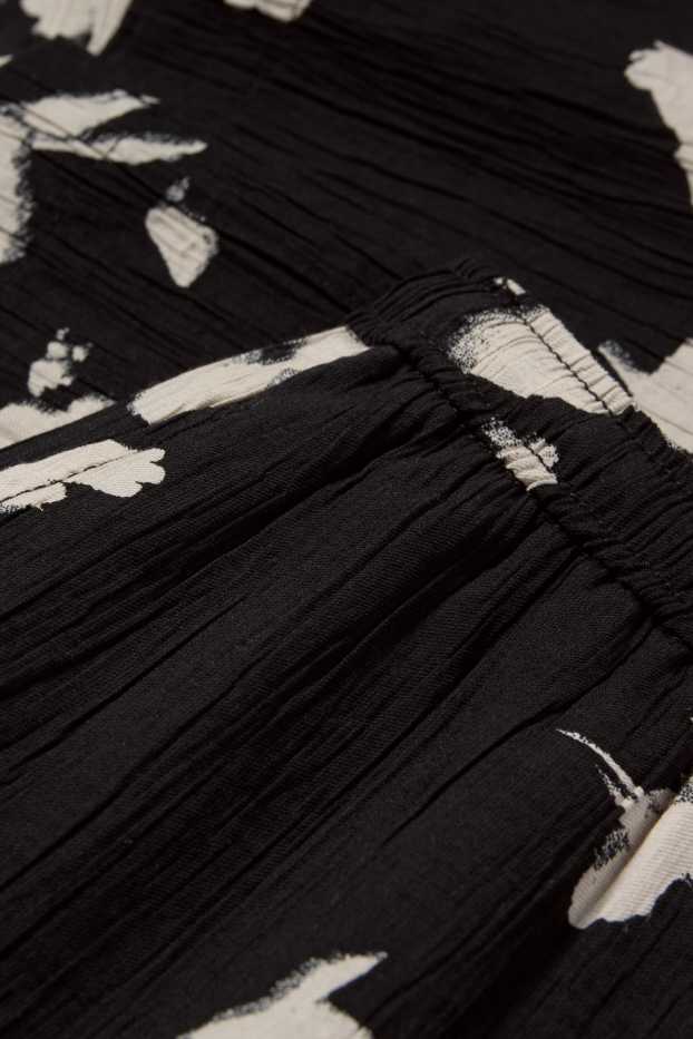 Damen - Stoffhose - High Waist - Wide Fit - geblümt - strukturiert - weiß / schwarz