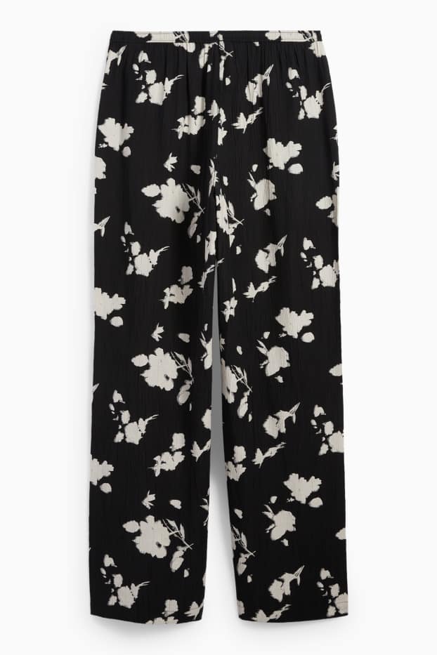 Damen - Stoffhose - High Waist - Wide Fit - geblümt - strukturiert - weiß / schwarz