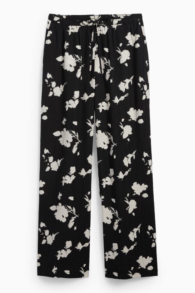 Damen - Stoffhose - High Waist - Wide Fit - geblümt - strukturiert - weiß / schwarz