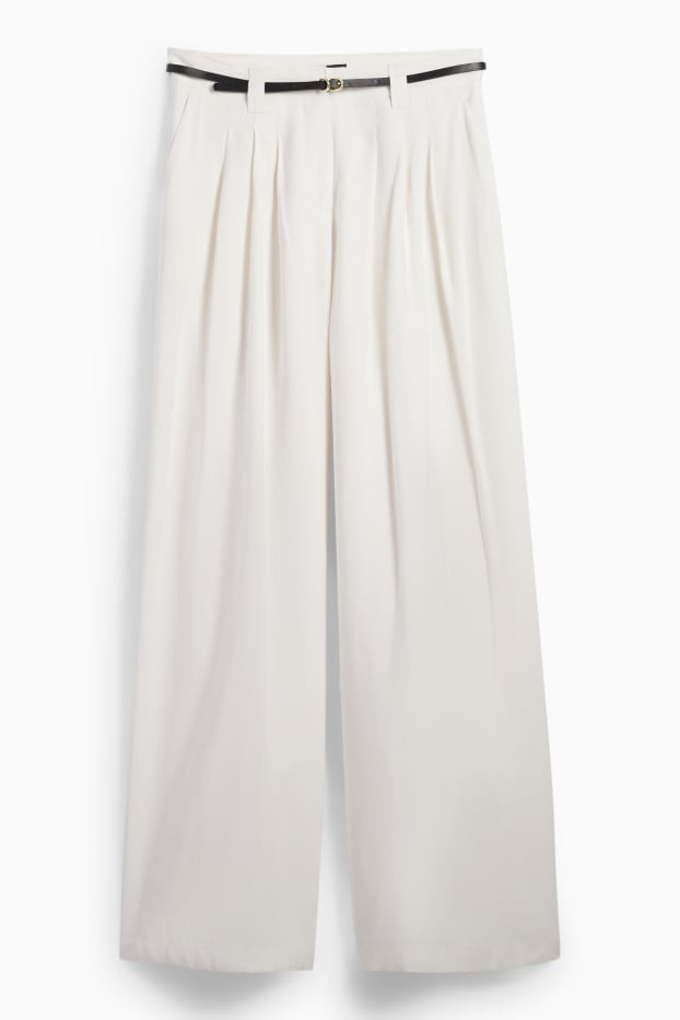 Damen - Stoffhose mit Gürtel - High Waist - Wide Leg - cremeweiß
