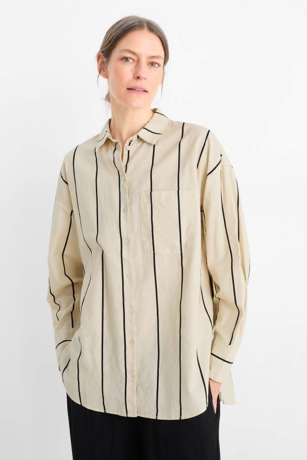 Damen - Bluse - Leinen-Mix - gestreift - hellbeige