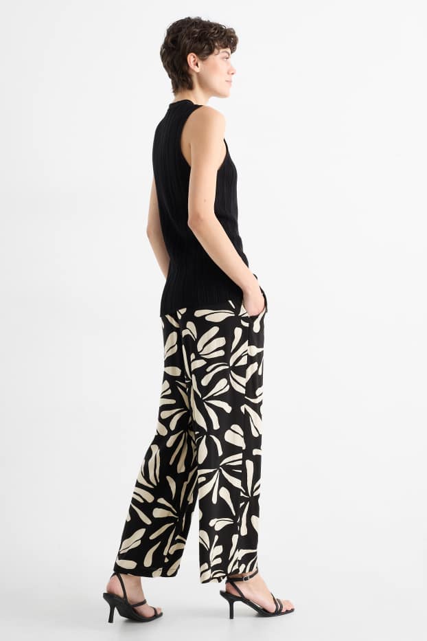 Dames - Pantalon - high waist - wide leg - met patroon - zwart / beige