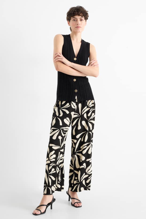 Dames - Pantalon - high waist - wide leg - met patroon - zwart / beige