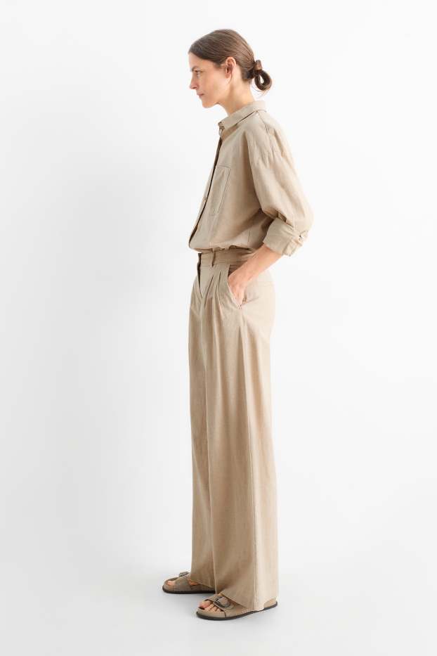 Dámské - Plátěné kalhoty - high waist - wide leg - lněná směs - světle béžová