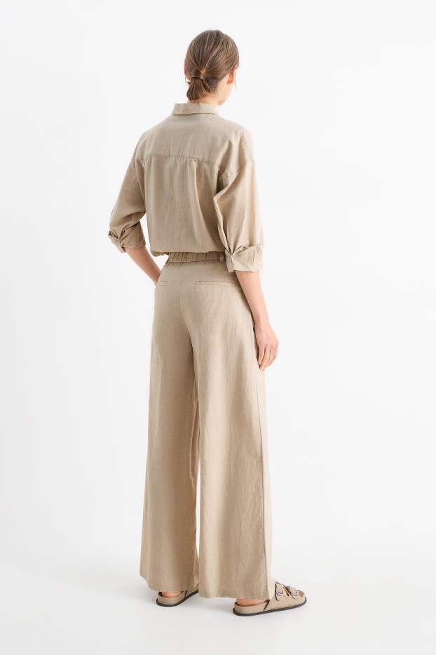 Dámské - Plátěné kalhoty - high waist - wide leg - lněná směs - světle béžová