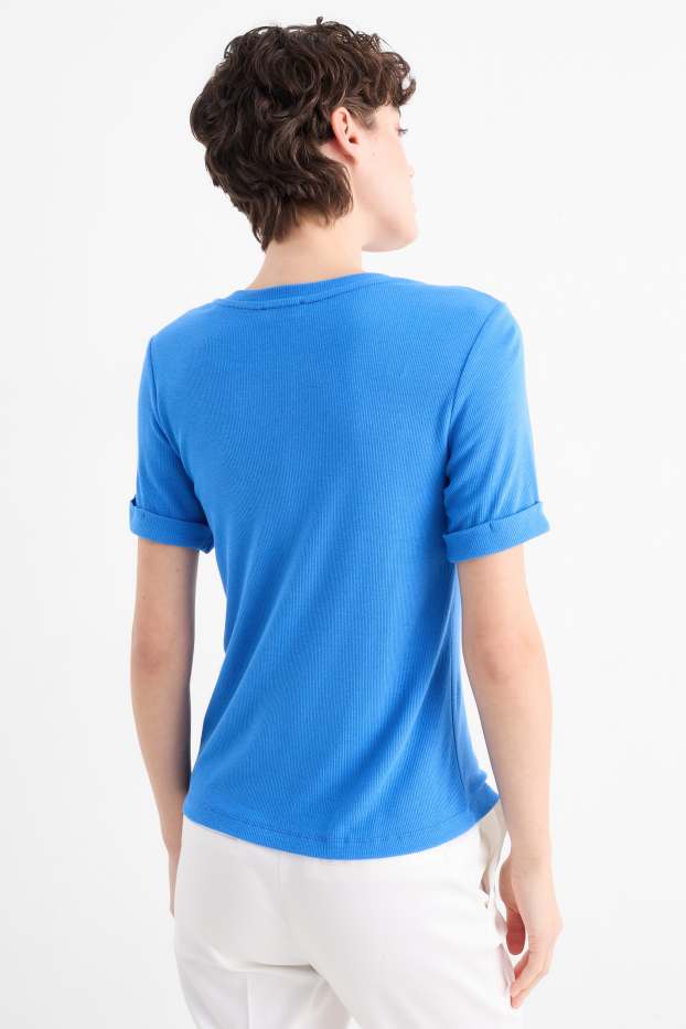 Femmes - Haut Henley - slim fit - finition côtelée - bleu