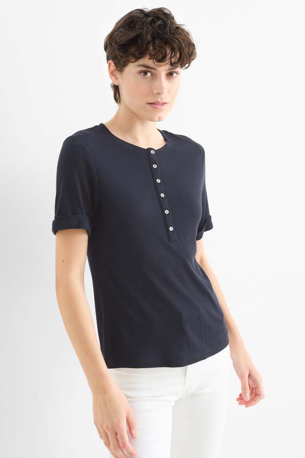 Damen - Henley-Shirt - Slim Fit - gerippt - dunkelblau