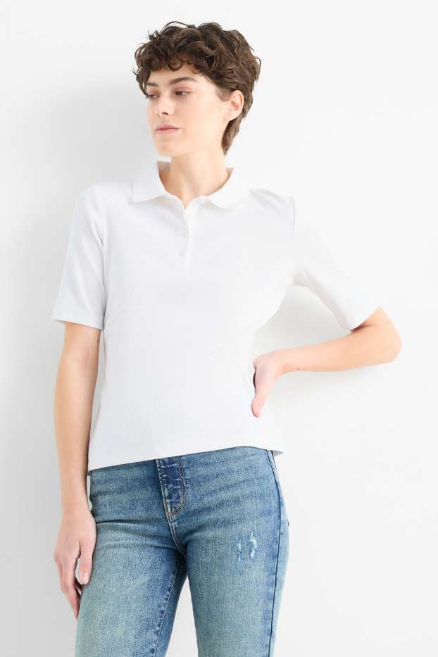 Women - Polo shirt - ribbed - cremewhite