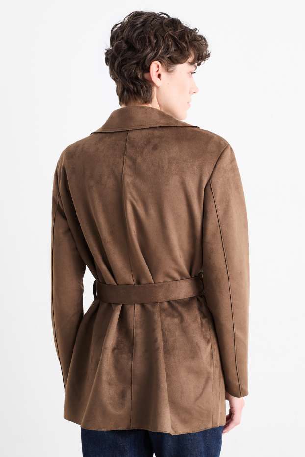 Dames - Korte trenchcoat - imitatiesuède - donkerbruin