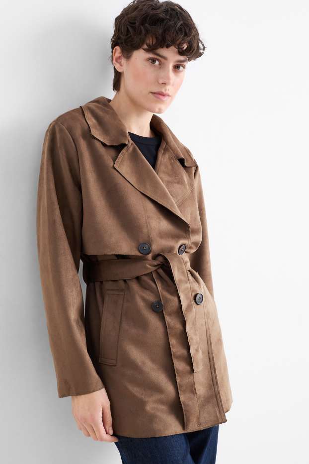 Dames - Korte trenchcoat - imitatiesuède - donkerbruin