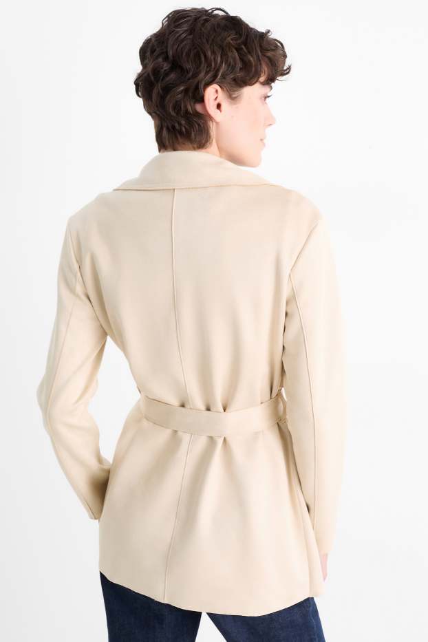 Damen - Kurzer Trenchcoat - Velourslederimitat - hellbeige