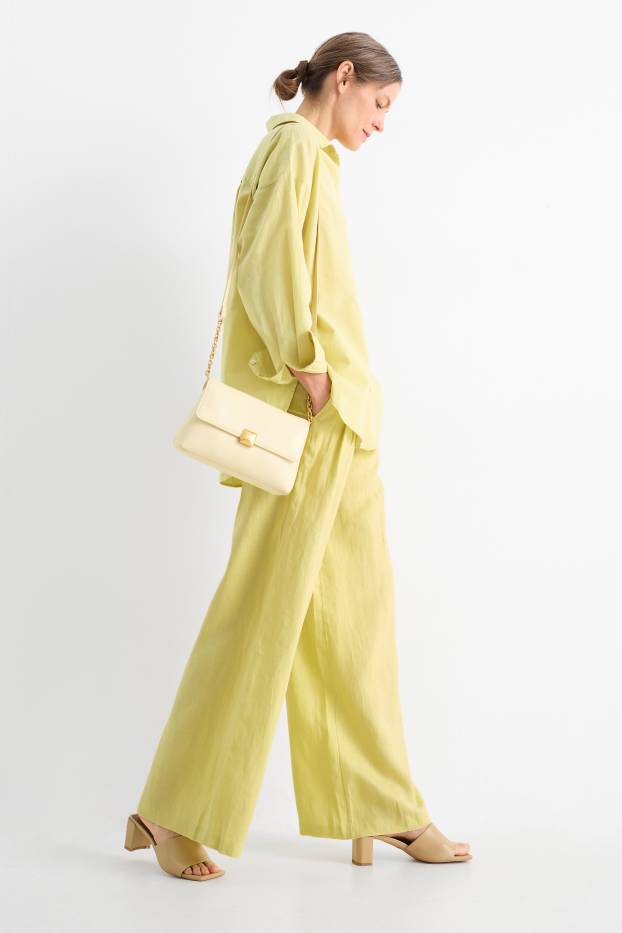 Donna - Pantaloni di lino - vita alta - gamba ampia - giallo