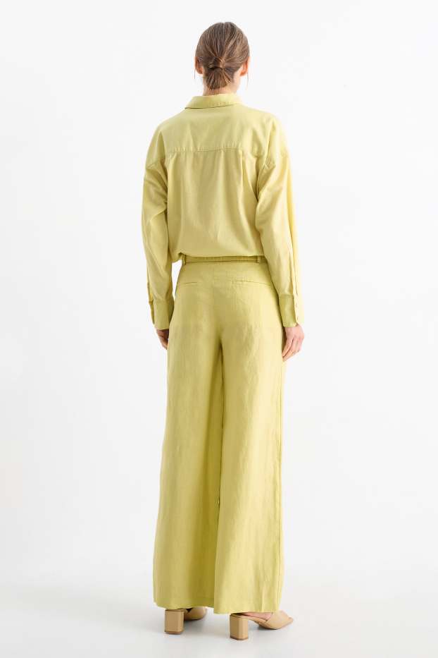 Donna - Pantaloni di lino - vita alta - gamba ampia - giallo