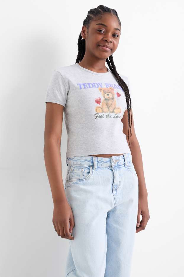 Copii - Fete - Urs - tricou cu mânecă scurtă - gri deschis melanj
