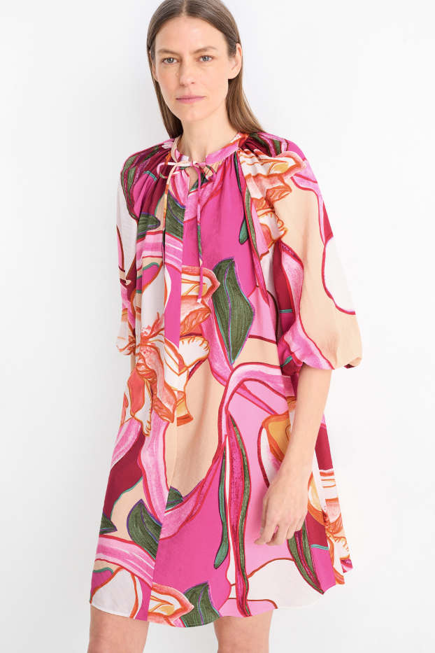 Dames - A-lijn-jurk - gebloemd - fuchsiarood