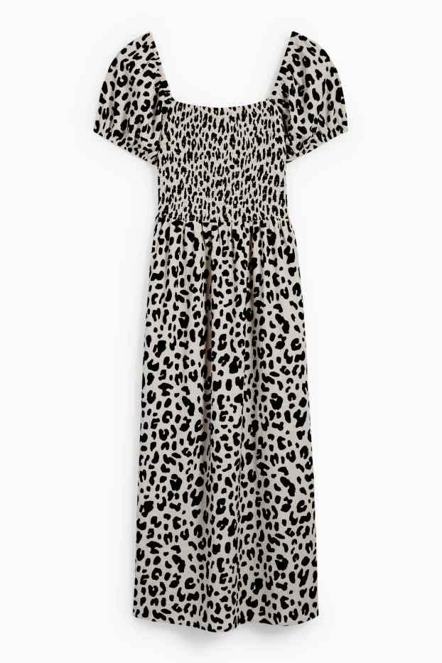 Femmes - Robe Fit & Flare - imprimé léopard - texturé - smocké - noir / beige