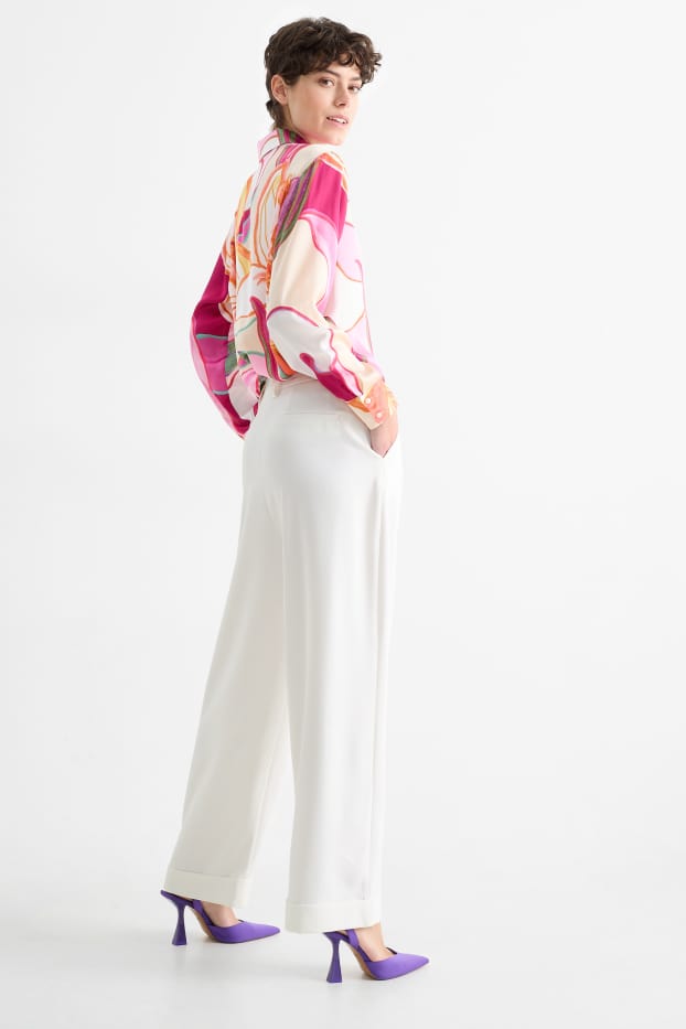 Femmes - Pantalon en toile - high waist - wide leg - blanc