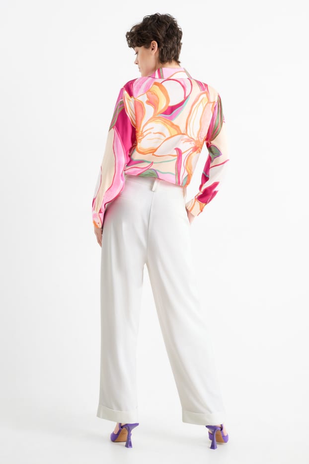 Femmes - Pantalon en toile - high waist - wide leg - blanc