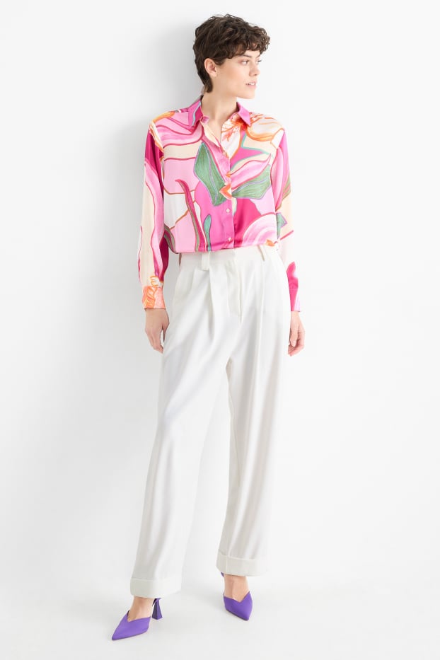Femmes - Pantalon en toile - high waist - wide leg - blanc