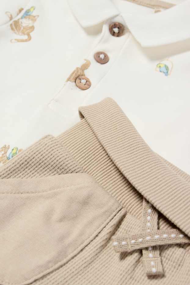 Baby: jongens - Katje en vogeltje - babyoutfit - 2-delig - wit