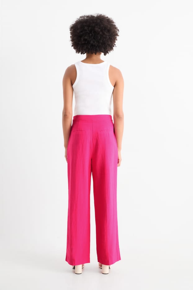 Femei - Pantaloni office cu conținut de in - talie înaltă - tapered fit - roz