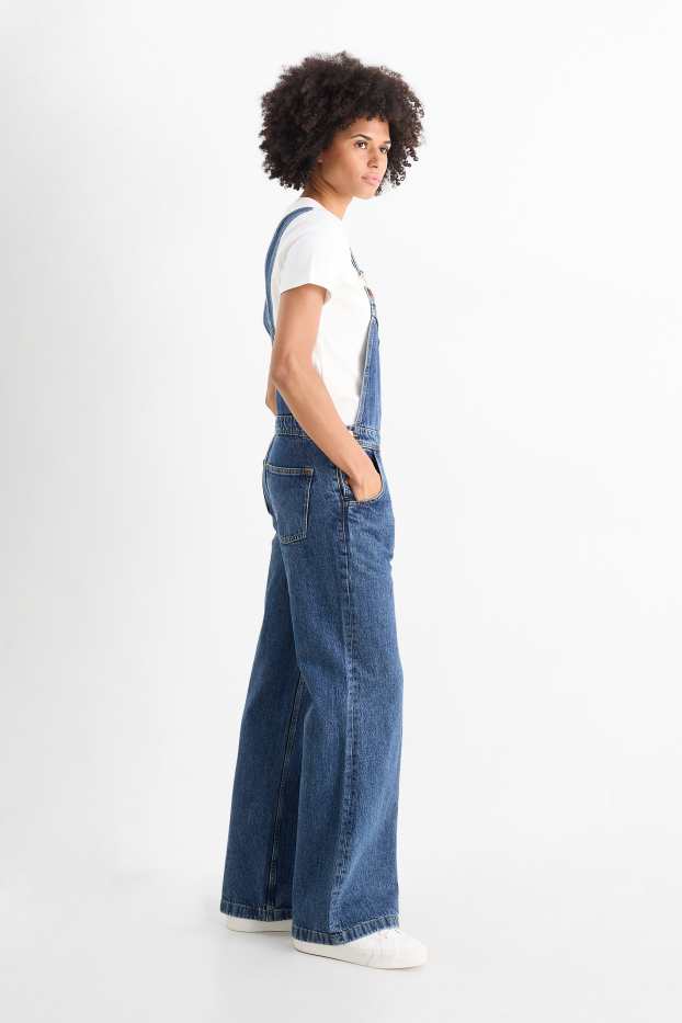 Damen - Jeans-Latzhose - Wide Leg - jeansblau