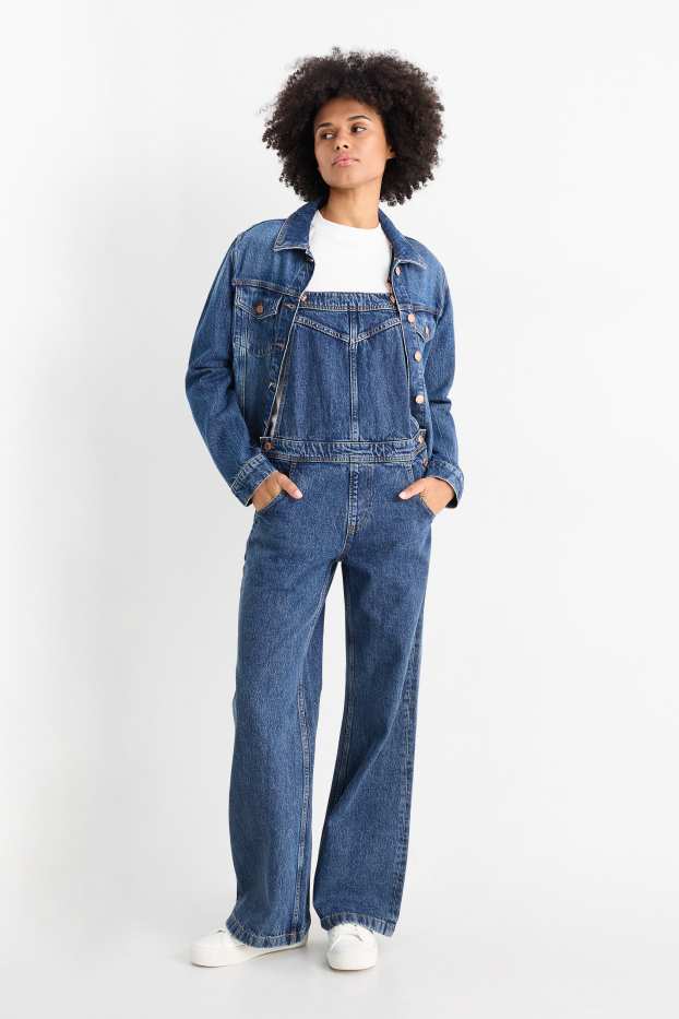 Damen - Jeans-Latzhose - Wide Leg - jeansblau