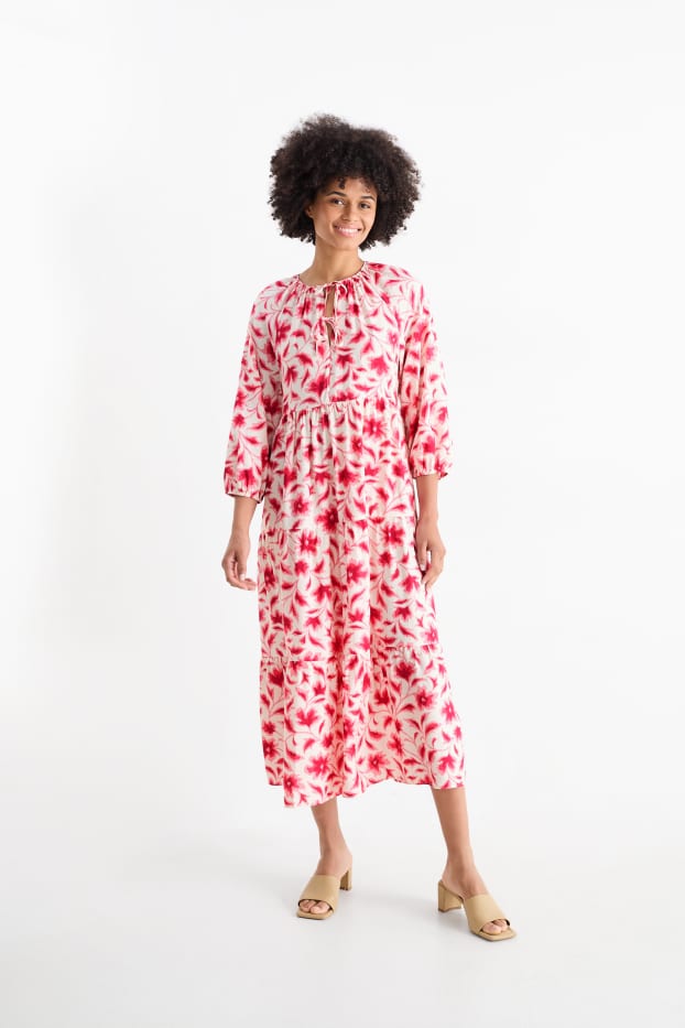 Dames - Fit & flare-jurk - gebloemd - fuchsiarood