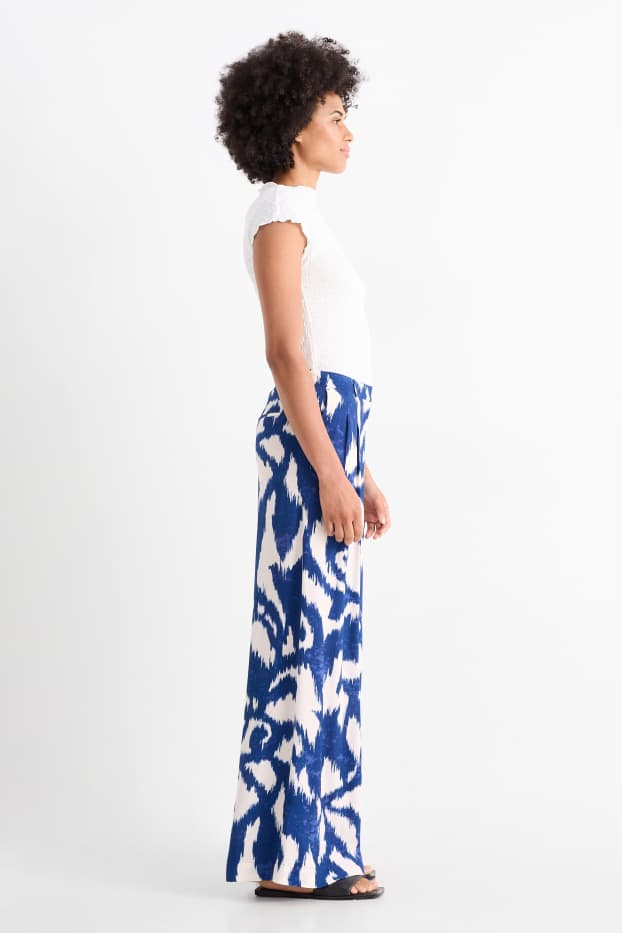 Donna - Pantaloni di stoffa - vita alta - gamba ampia - fantasia - blu