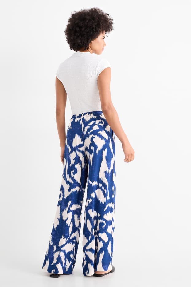 Donna - Pantaloni di stoffa - vita alta - gamba ampia - fantasia - blu