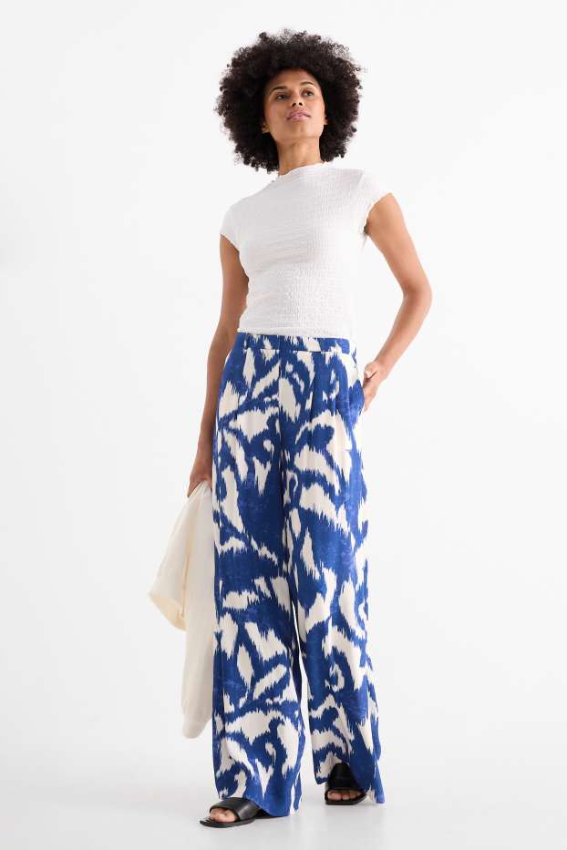 Donna - Pantaloni di stoffa - vita alta - gamba ampia - fantasia - blu