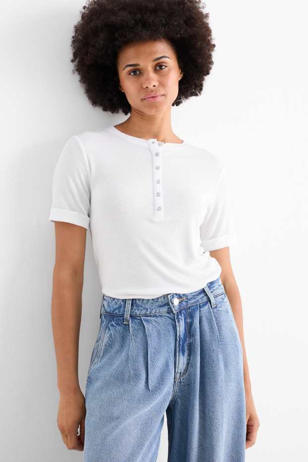 Femmes - Haut Henley - slim fit - finition côtelée - blanc