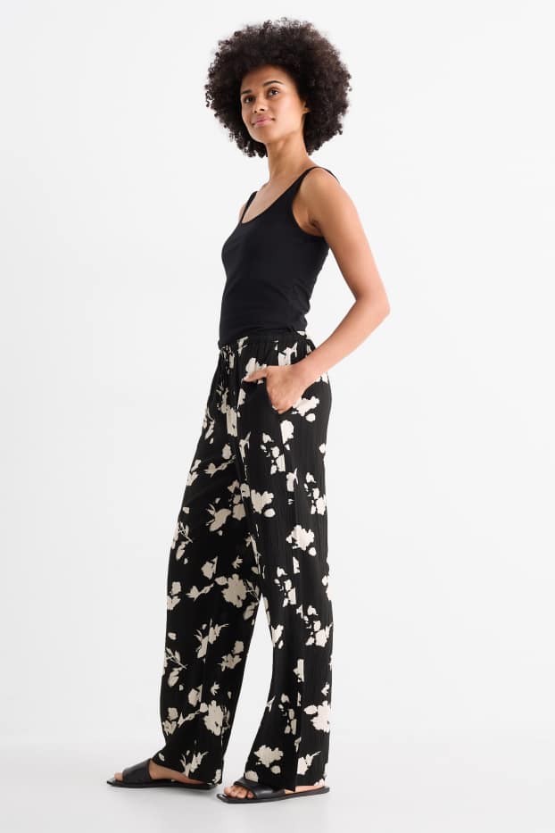 Damen - Stoffhose - High Waist - Wide Fit - geblümt - strukturiert - weiß / schwarz