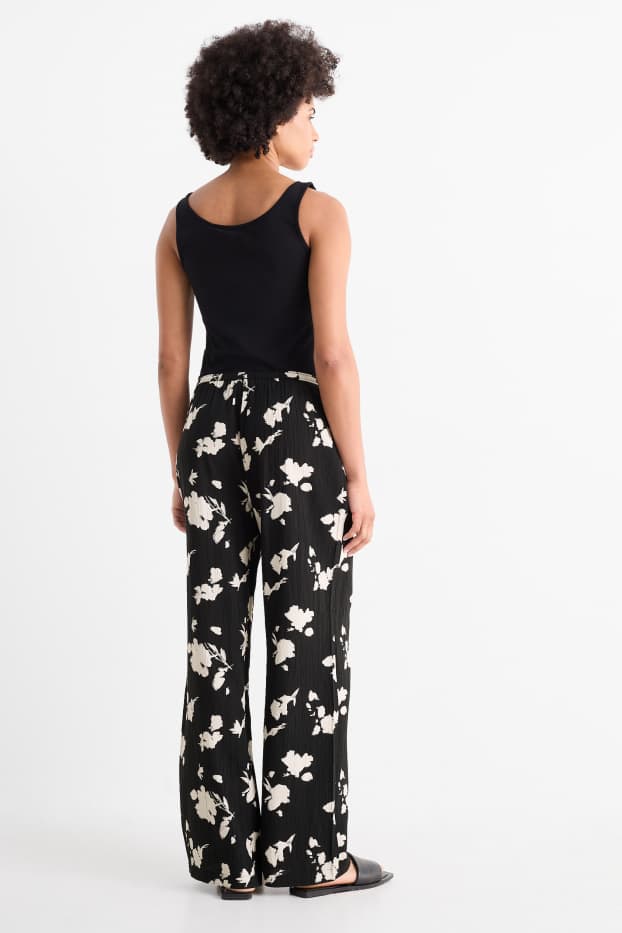 Damen - Stoffhose - High Waist - Wide Fit - geblümt - strukturiert - weiß / schwarz