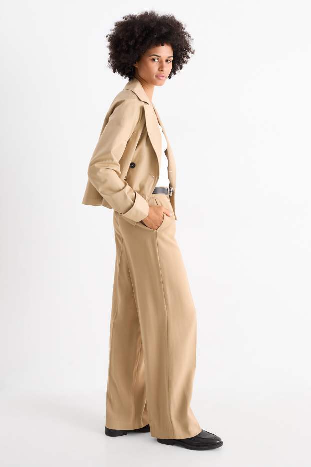 Dámské - Plátěné kalhoty - high waist - wide leg - béžová